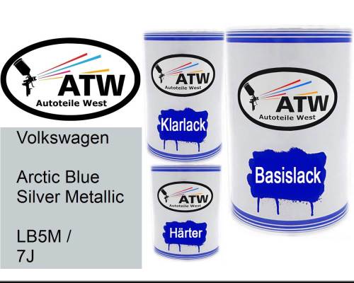 Volkswagen, Arctic Blue Silver Metallic, LB5M / 7J: 500ml Lackdose + 500ml Klarlack + 250ml Härter - Set, von ATW Autoteile West.